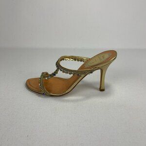 René Caovilla Gold Leather T-Strap Sandals with Rhinestones - Size 37 (US 6.5/7)